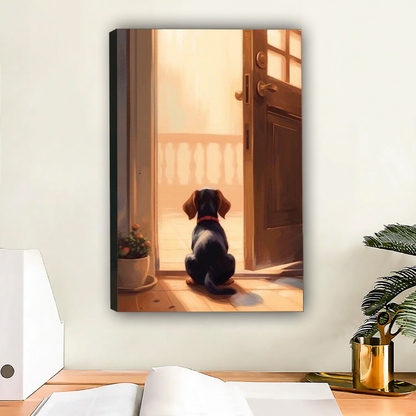 Unframed gallery wrap canvas of dachshund puppy sitting at golden doorway with warm light