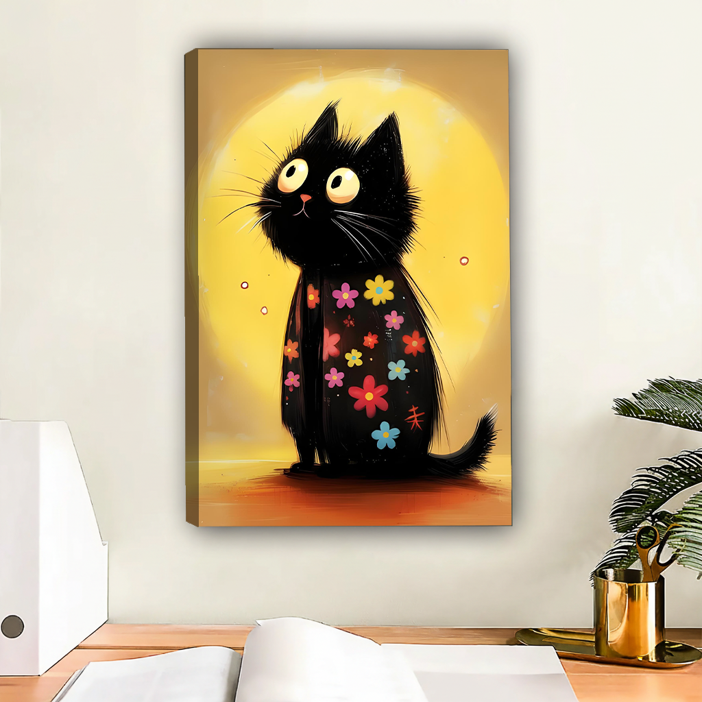 Floral black cat with colorful daisy flowers and glowing yellow moon whimsical cartoon gallery wrap canvas art displayed on white wall above wooden desk with open notebook and gold scissors