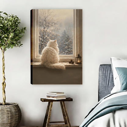 Gallery wrap winter cat canvas print displayed in cozy bedroom beside rustic wooden stool