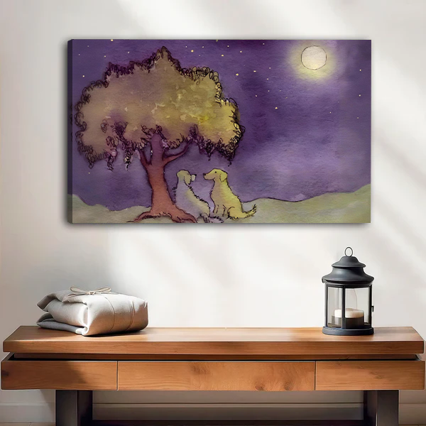Two dogs under moonlit tree watercolor canvas art print – frameless romantic wall decor for living room