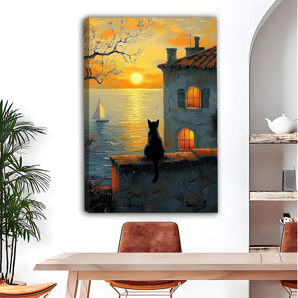 Black cat watching golden sunset over sea canvas wall art – Mediterranean coastal decor