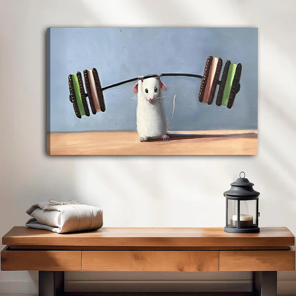 Whimsical mouse lifting barbell canvas art print – frameless wall decor for living room