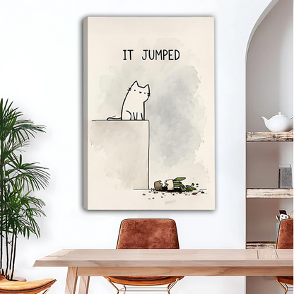 White cat It Jumped broken pot minimalist gallery wrap canvas art without frame above wooden dining table with leather chairs and arched wall