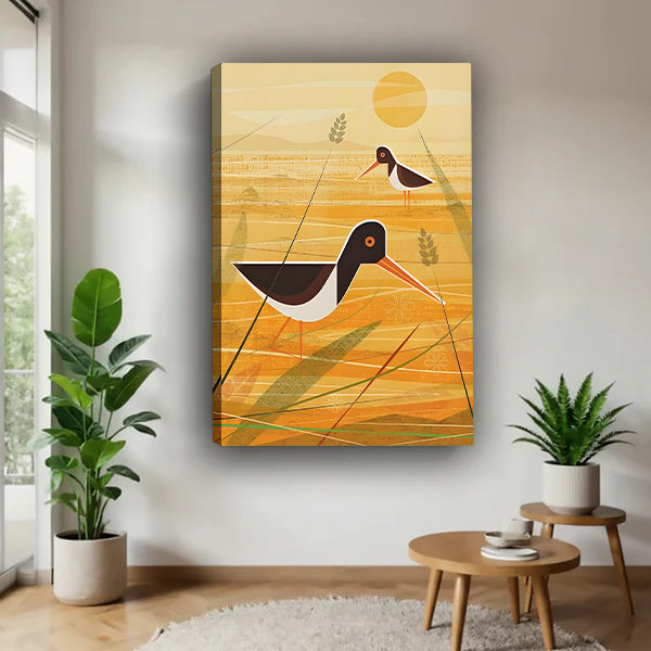 Minimalist Bird Canvas Wall Art Golden Field Warm Tones Home Decor