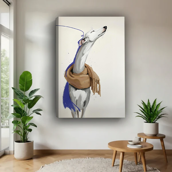 Elegant white greyhound with scarf canvas art print – frameless watercolor dog wall decor in bright minimalist living room with greenery