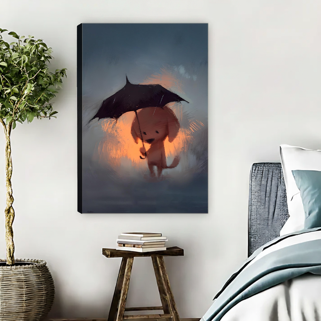 Cute glowing dog holding umbrella in dark stormy sky fantasy illustration gallery wrap canvas wall art in cozy bedroom