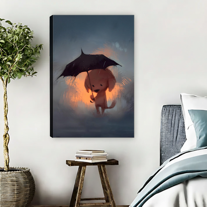Cute glowing dog holding umbrella in dark stormy sky fantasy illustration gallery wrap canvas wall art in cozy bedroom