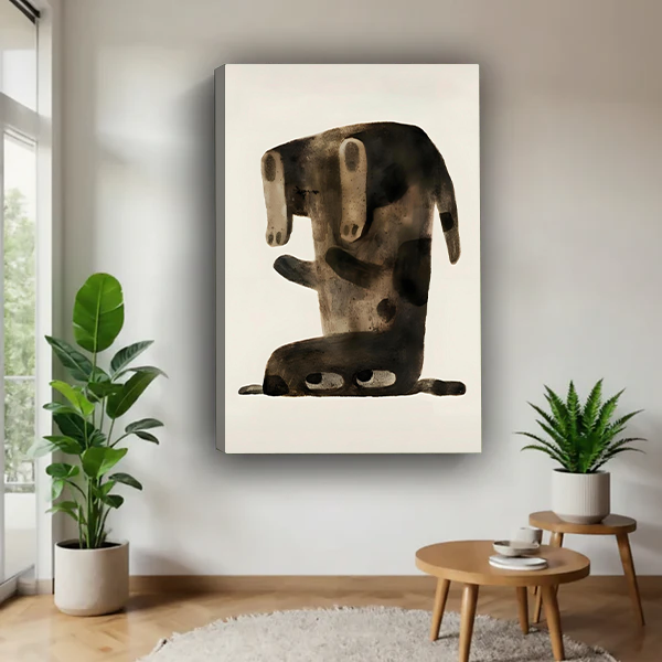 Abstract dachshund whimsical gallery wrap canvas art without frame hanging in contemporary living room with green plants and wooden side table