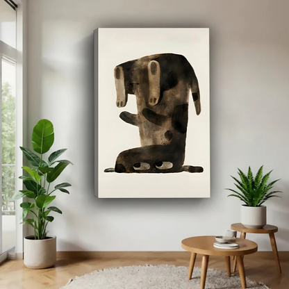 Abstract dachshund whimsical gallery wrap canvas art without frame hanging in contemporary living room with green plants and wooden side table