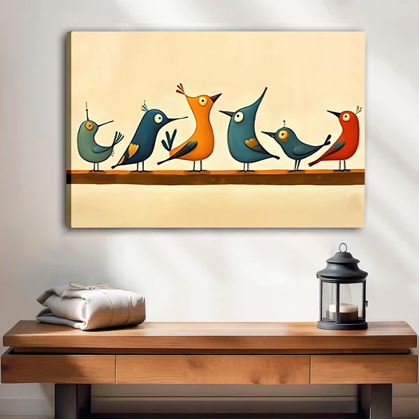 	Canvas mid-century modern colorful birds on branch wall art print above wooden console table decor