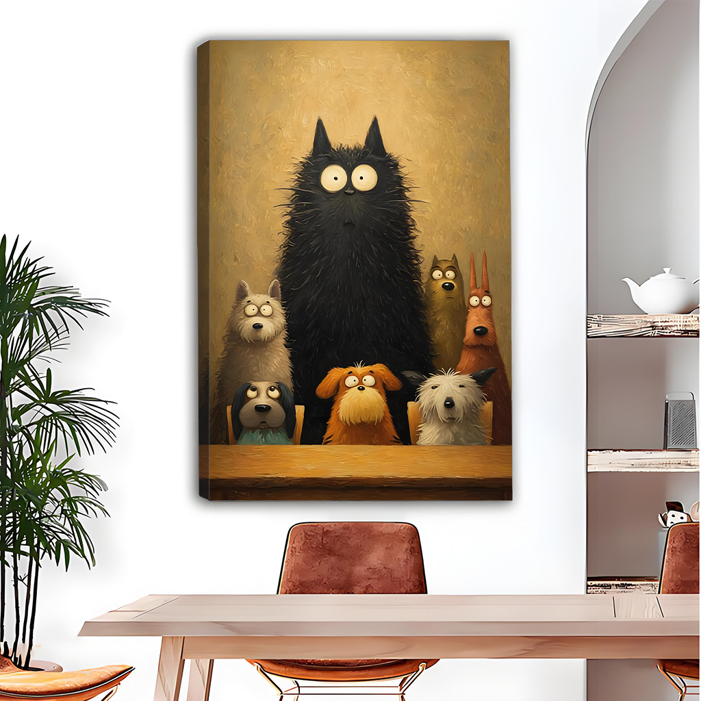Big black cat with six dogs vintage oil painting canvas wall art, humorous pet lover print for living room