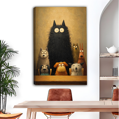 Big black cat with six dogs vintage oil painting canvas wall art, humorous pet lover print for living room