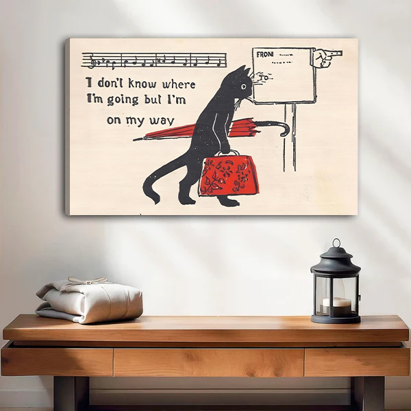 Black cat on my way canvas art print – frameless vintage wall decor for living room