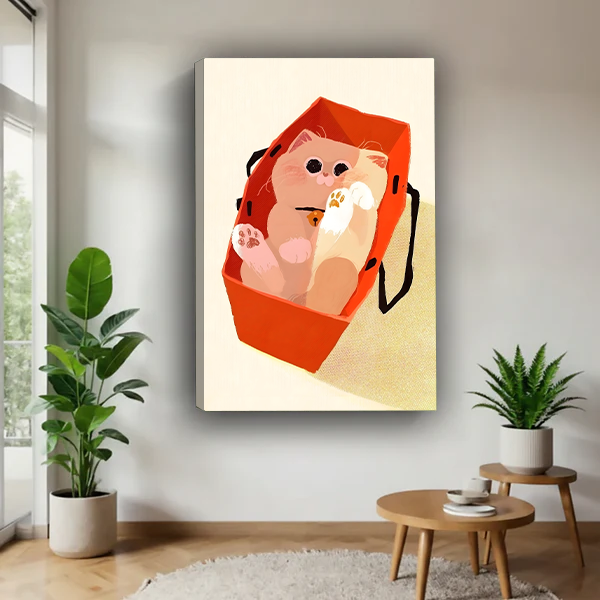 Chubby fluffy pink cat lying on its back inside red tote shopping bag with paws up showing pink paw pads and gold bell collar overhead view flat minimalist illustration style gallery wrap canvas art displayed on white wall in bright Scandinavian living room with round wooden side table and large tropical plants