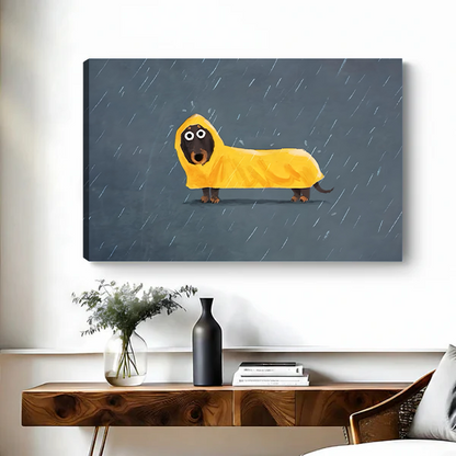 Whimsical dachshund yellow raincoat gallery wrap canvas print in modern living room