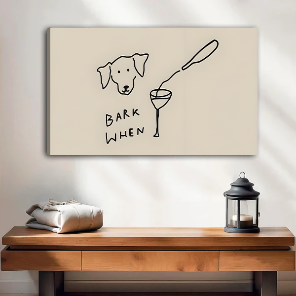 Dog Bark When wine minimalist line art gallery wrap canvas art without frame above wooden console table with lantern and linen parcel