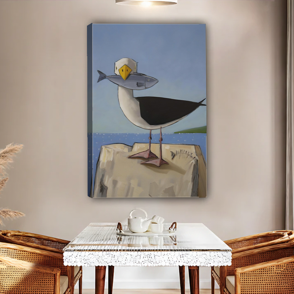 Humorous seagull holding fish gallery wrap canvas art - coastal bird print for kitchen decor