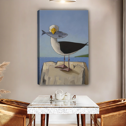 Humorous seagull holding fish gallery wrap canvas art - coastal bird print for kitchen decor