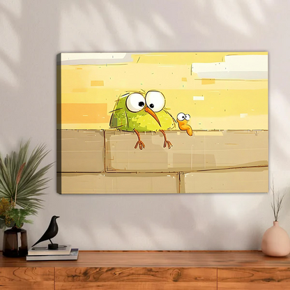Humorous green bird and small bird on wall yellow cartoon illustration gallery wrap canvas wall art without frame above wooden console