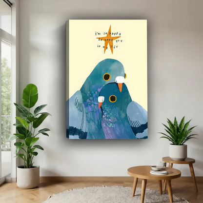 Two teal pigeons cuddling romantic gallery wrap canvas art without frame with heartfelt quote hanging in contemporary living room with green plants