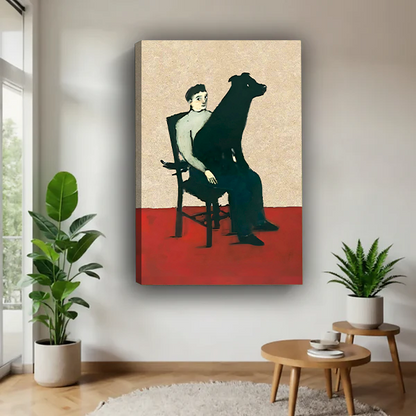 Man and greyhound dog duo canvas art print – frameless retro modern wall decor in bright minimalist living room with greenery