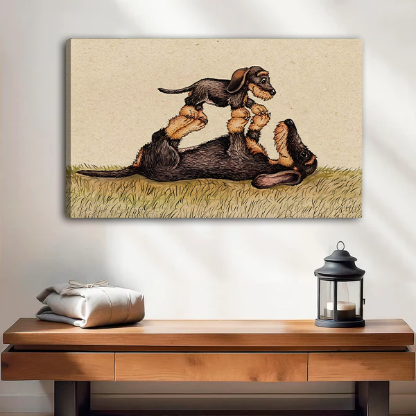 Playful dogs on grass canvas art print – frameless vintage animal wall decor for living room