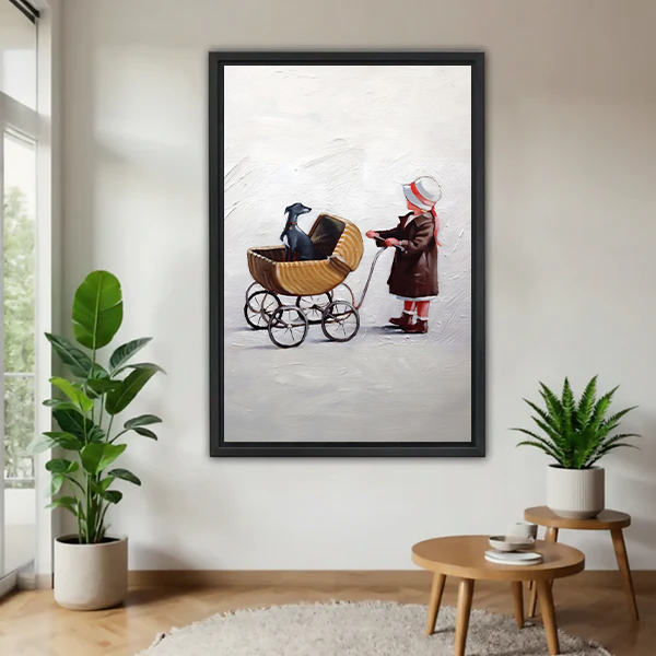 Vintage whimsical girl and greyhound dog pram framed canvas print – retro oil painting wall art in bright living room with greenery