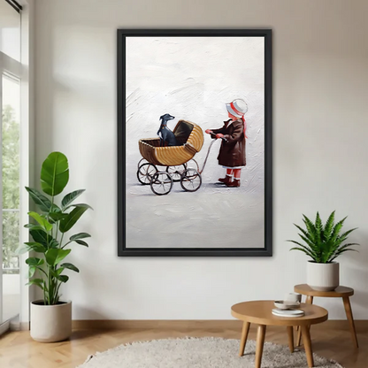 Vintage whimsical girl and greyhound dog pram framed canvas print – retro oil painting wall art in bright living room with greenery
