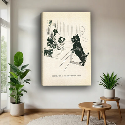 Canvas vintage black and white dog family art print displayed in a bright Scandinavian living room