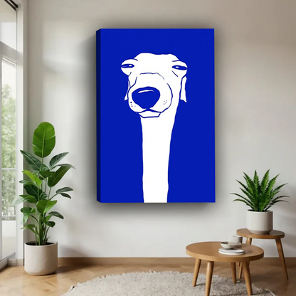 Bold blue greyhound whimsical gallery wrap canvas art without frame hanging in contemporary living room with fiddle leaf fig and succulent plants