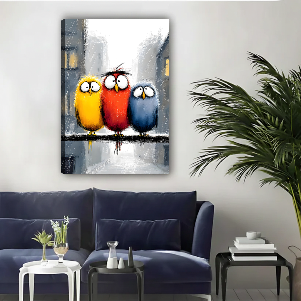 Three funny cartoon birds on wire gallery wrap canvas art in bold yellow red and blue displayed above navy blue sofa with palm plant in contemporary living room
