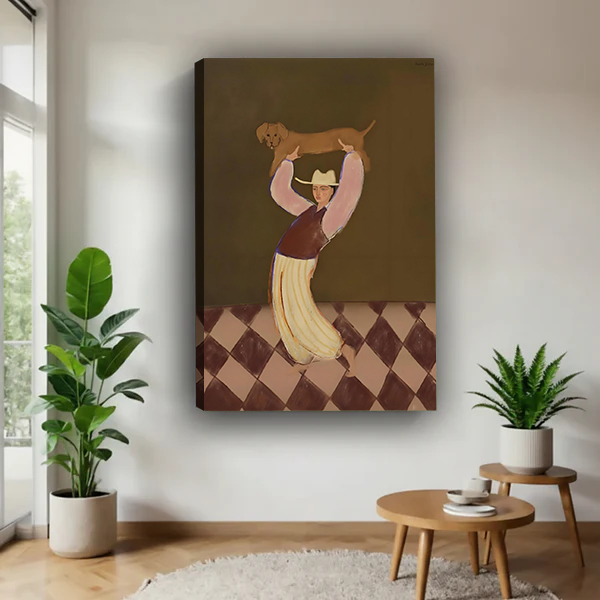 Vintage Woman Lifting Dachshund Framed Wall Art Print l2835
