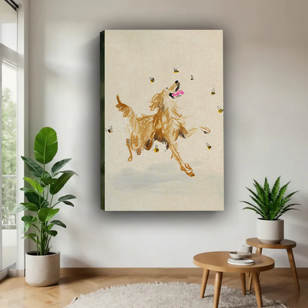 Golden retriever leaping with bees whimsical watercolor gallery wrap canvas art without frame hanging in contemporary living room with fiddle leaf fig and succulent plants