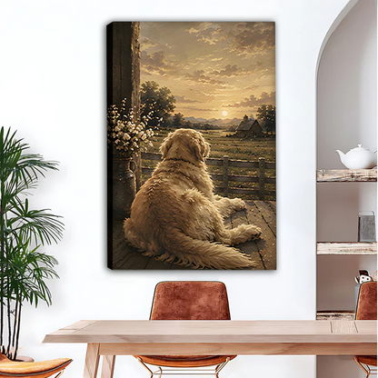 Golden retriever sunset farm scene vintage oil painting gallery wrap canvas wall art