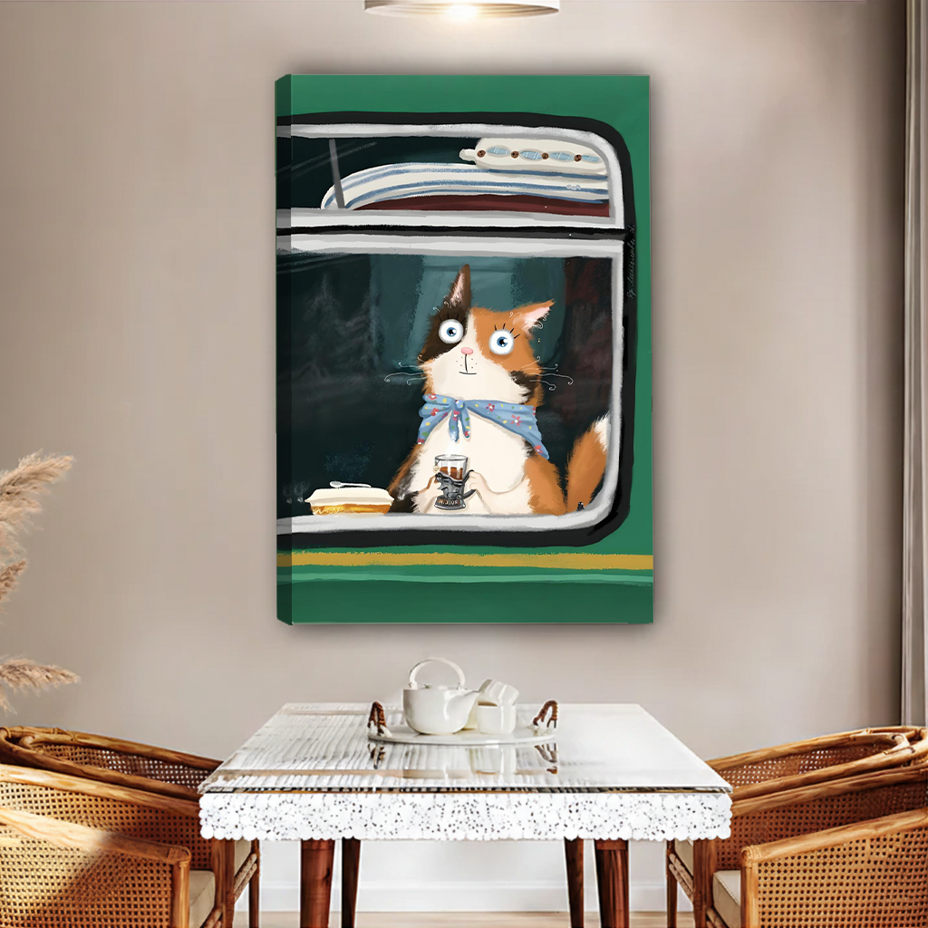 Canvas cat on vintage train art print displayed in a warm dining room with wicker furniture