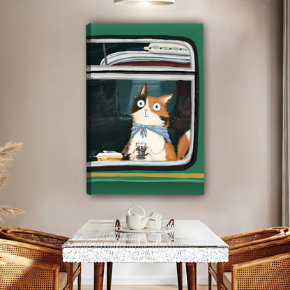 Canvas cat on vintage train art print displayed in a warm dining room with wicker furniture