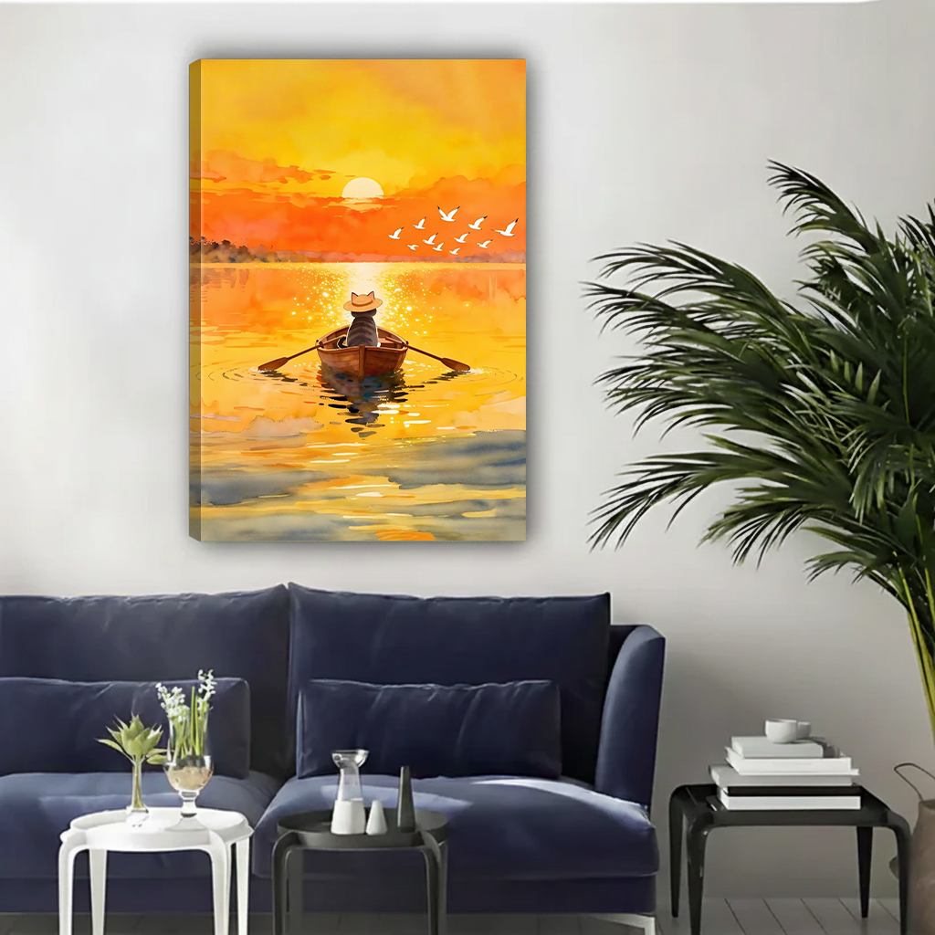 Watercolour Cat Sunset Rowing Canvas Wall Art | Framed & Unframed l3384