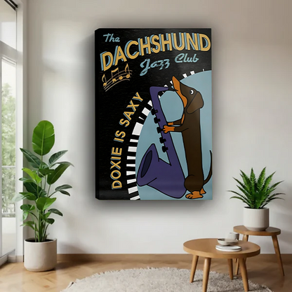 Dachshund jazz club canvas art print displayed in bright contemporary living room with plants