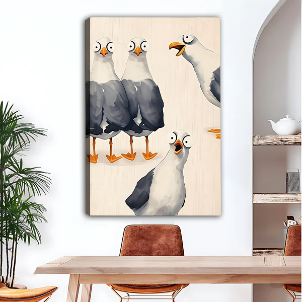Quirky seagull group canvas art print, unframed watercolor wall decor with expressive cartoon birds for dining room