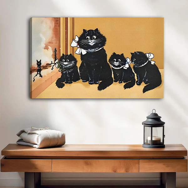 Black cat mother and kittens canvas art print – frameless vintage wall decor for living room