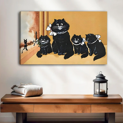 Black cat mother and kittens canvas art print – frameless vintage wall decor for living room