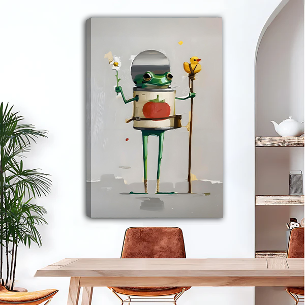 Quirky frog astronaut surreal canvas wall art displayed in dining room — eclectic home decor