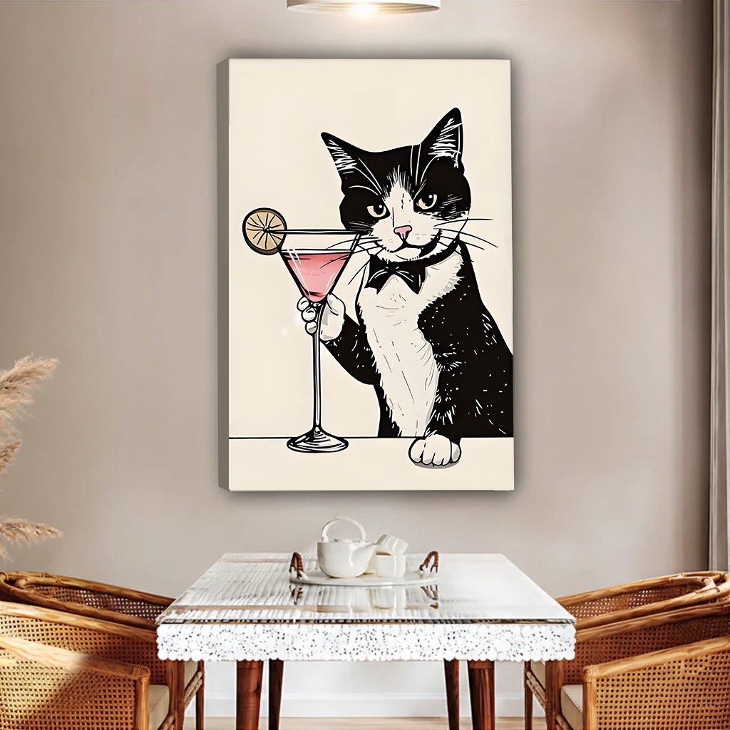 Funny tuxedo cat holding pink martini gallery wrap canvas art without frame displayed above glass dining table in warm room