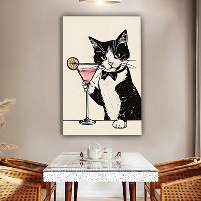 Funny tuxedo cat holding pink martini gallery wrap canvas art without frame displayed above glass dining table in warm room