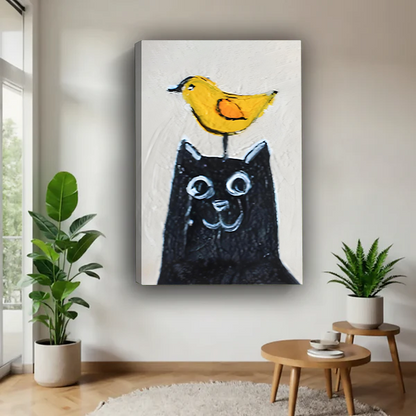 Black cat yellow bird canvas wall art print quirky brushstroke style modern home decor