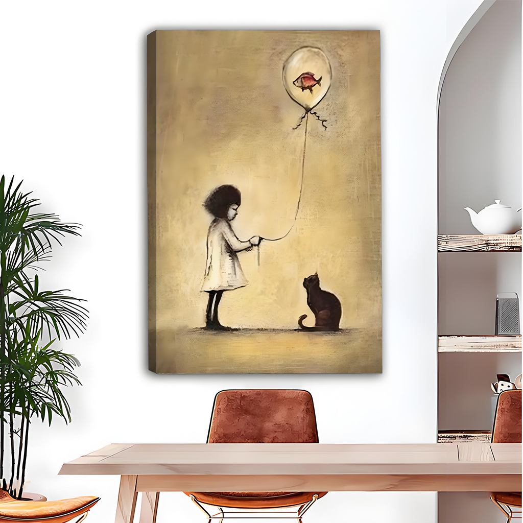 Girl Holding Fish Balloon Black Cat Banksy Style Canvas Wall Art Print Dining Room Decor