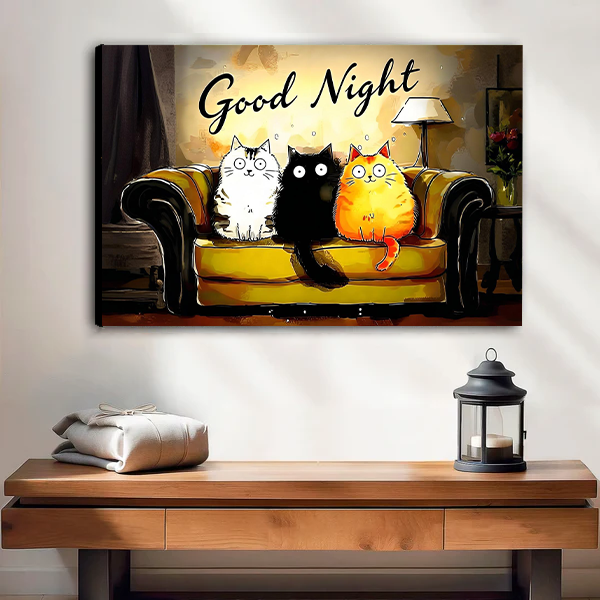 Good Night Cartoon Cats Yellow Sofa Canvas Wall Art Print Home Decor