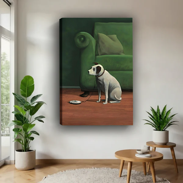 Minimalist canvas wall art of a white dog gazing at an empty bowl in a warm living room