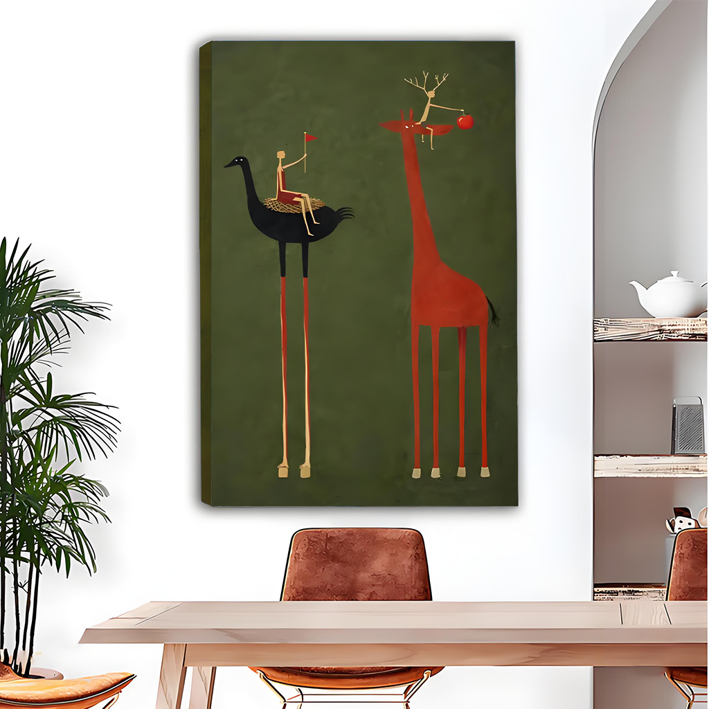 Ostrich and giraffe riders canvas art print displayed in modern dining room