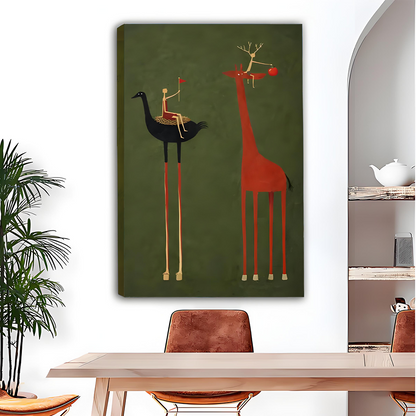 Ostrich and giraffe riders canvas art print displayed in modern dining room